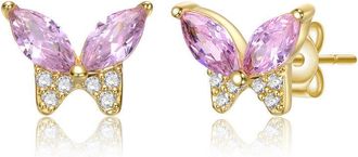 Rachel Glauber 14K Gold Plated with Pink Cubic Zirconia Butterfly Stud Necklace for Kids