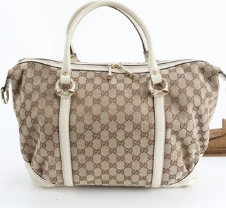 Gucci Gg Canvas Beige Gg Canvas Leather Handbag Shoulder Bag Tote Bag (Pre-Owned)