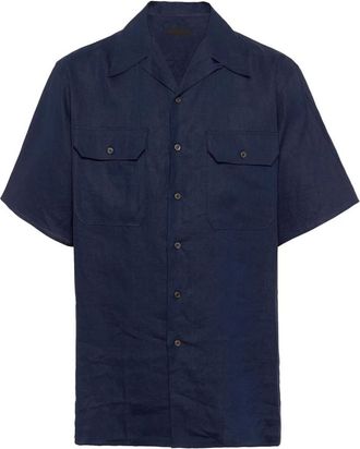 Prada Short Sleeve Shirts, male, Blue, Size: L Blue Linen Cuban Collar Shirt