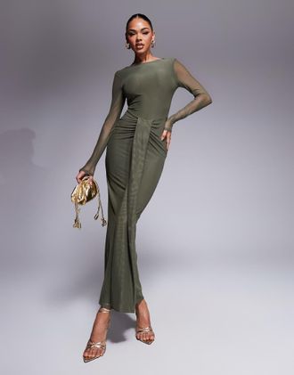 Asos mesh long sleeve slash neck open back maxi dress with sash in olive-Green