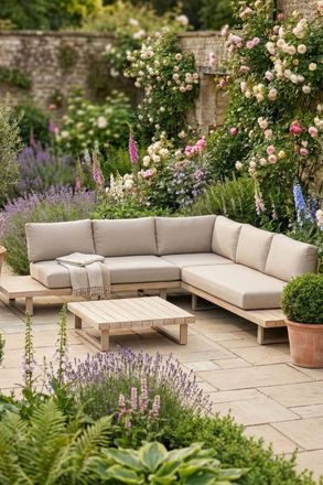 Dibor Wooden Corner Garden Lounge Sofa Set with Cushions & Coffee Table in Beige
