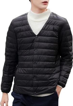 Generic Men Round Neck Packable Ultra Light Weight Short Down Jacket Mens Dress Coats Wool (Black, L) for Men Classic Holiday Jackets Overcoats
