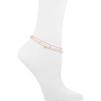 BP. Set of 3 Assorted Faux Pearl Bead & Chain Anklets in Ivory- Gold at Nordstrom