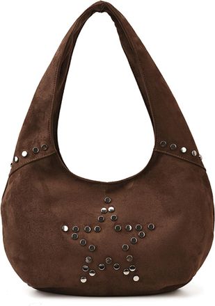 Generic Women Faux Suede Star Shaped Rivet Shoulder Bag for Work School Travel (Coffee) (Coffee)