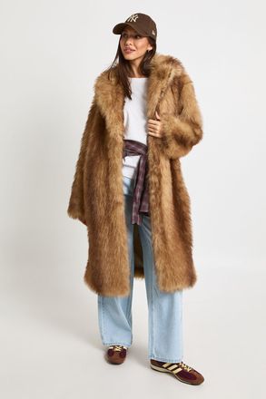 Boohoo Womens Vintage Look Collared Fur Maxi Jacket - Natural - Size 14 UK