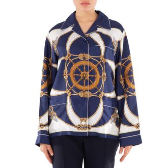 Bally Graphic-Print Notched-Collar Silk Shirt, Size Large