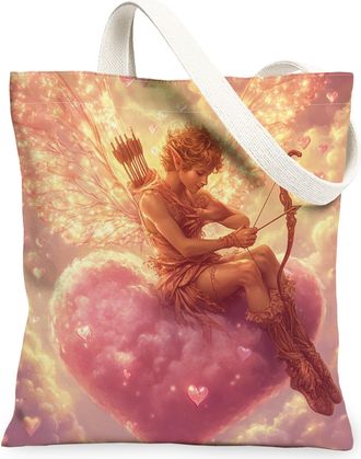 Generic Romantic Valentines Day Fairy Canvas Tote Bag for Shopping 13x15, Fun Aesthetic Rose Love Heart Reusable Grocery Print Pattern Bag for Women, Holiday 