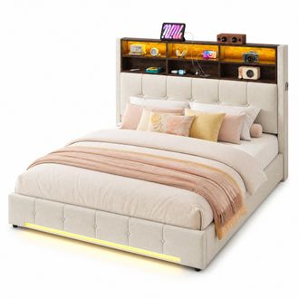 STILVORA Cama Con Arc&oacute;n 160 X 200 Cm De Terciopelo, Doble Con Usb-c Y Led Regulable, Sin Colch&oacute;n, Beige