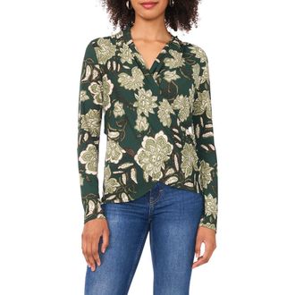 Vince Camuto Floral Print Long Sleeve Faux Wrap Top in Forest Night at Nordstrom, Size X-Large