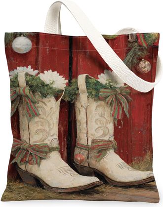 Generic Christmas Vintage Rustic Canvas Tote Bags, Floral Boots Design Reusable Grocery Bags, Lightweight Washable Canvas for Trave, White, 13x15 Inch