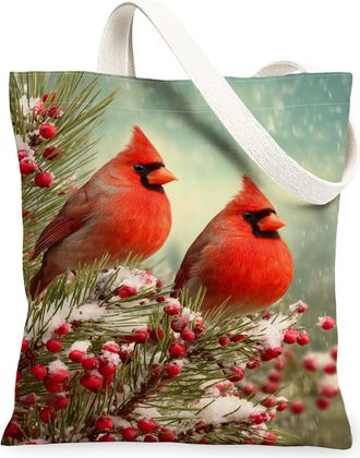 Generic Winter Birds Canvas Tote Bags, Rustic Bird Design Lightweight Washable Reusable Grocery Bags for Travel Outdoor Beach Picnic, Red, 13x15 Inch