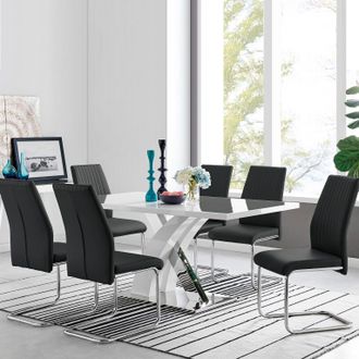 Furniturebox Atlanta Modern Rectangle Chrome Metal High Gloss White Dining Table & 6 Lorenzo Chairs Set in Black