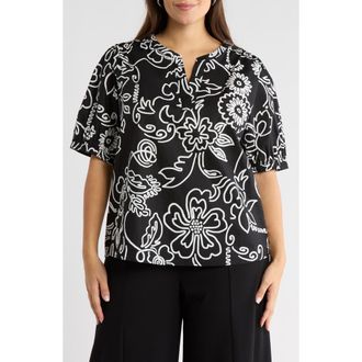 Sugarlips Haylie Floral Split Neck Cotton Top in Black-White-Muli at Nordstrom, Size 1X