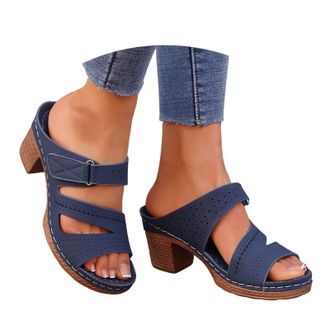 Generic Chunky Sandals Womens Heeled Sandals Open Toe Slip on Block Womens Chunky Mid Heels Ankle Square Heels Sandal Slippers Casual Comfortable Summer Backl