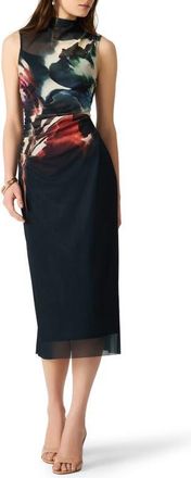 Steve Madden Mo Print Sheer Mock Neck Midi Dress in Midnight Teal at Nordstrom, Size Xx-Large