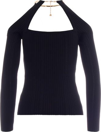 Elisabetta Franchi Womens Knit Top With Gold-Jewel Detail Black Viscose Jumpers Sweater