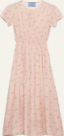 Prada Flower-Print Silk Ponge Short-Sleeve Midi Dress