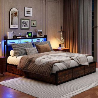 OEM Estructura De Cama 160x200 Cm Negra - Cabecero De Pu Led - 4 Cajones - Somier De Lamas (colch&oacute;n No Incluido)