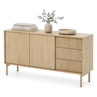 Dmora Aparador Havazami, 3 Cajones, 2 Estantes, Puerta Abatible, Deslizante, 154x40x80h Cm Marr&oacute;n Roble