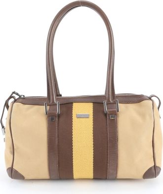 Gucci Brown Yellow Leather Canvas Handbag Tote Bag (Pre-Owned)