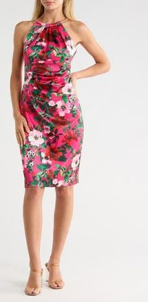 Eliza J Floral Halter Neck Pleated Satin Sheath Dress in Fuchsia at Nordstrom Rack, Size 12
