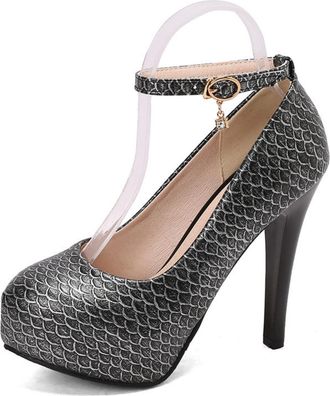 Generic Womens Snake Pattern Platform Stiletto Heels Round Toe Ankle Strap Adjustable Buckle Crystal Charm Shiny Upper Soft Insole Comfortable Shoes,Silver,10