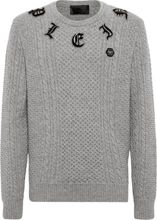 Philipp Plein logo-appliqué cable-knit jumper - men - RWS Merino Wool/Cashmere - S - Grey