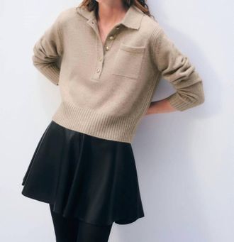 White + Warren Cashmere Gold Button Polo In Warm Camel