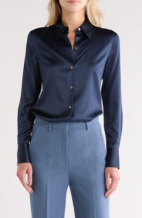 Theory Perfect Fitted Stretch Silk Button-Up Shirt in Deep Arctic Teal at Nordstrom Rack, Size Medium