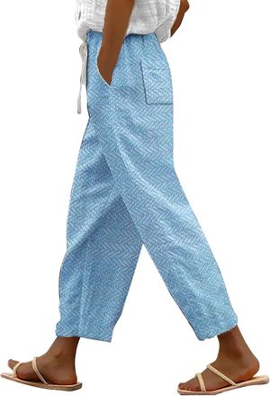 Generic Womens Linen Trousers Multi Floral Check Elasticated Waist Harem Pants with Drawstring and Pocket Casual Lounge Lightweight Summer Trousers Baggy Capr