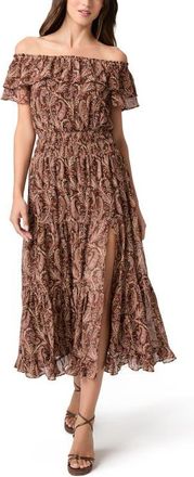 Paige Alistar Print Ruffle Off the Shoulder Silk Midi Dress in Oak Multi at Nordstrom, Size Xx-Small
