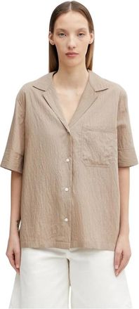 Maison Kitsun&eacute; Resortshirt met strepen - Dames - Overhemden - Beige - S - Polyester - Overhemden