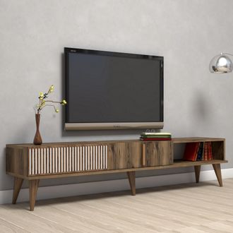Dmora Mueble Para Tv Ofena, 2 Puertas, Apertura Abatible, 3 Compartimentos, 180x35x40h Cm Marr&oacute;n Nogal