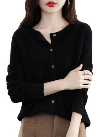 Generic Women 100% Merino Wool Crewneck Cardigan Sweater Long Sleeve Knit Jumper Tops Loose Shirt Tops Black L