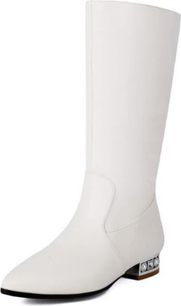 Generic Womens Pull on Slouch Mid-Calf Boots Pointed Toe PU Leather Short Boots Flat Heel Casual Boot,White,3.5 UK