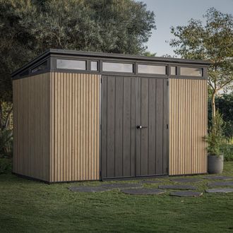 Dmora Caseta De Jard&iacute;n Northfield, Con Cerradura, Acabado De Resina, Ventanas, Techo A Un Agua, 340x218x226h Cm Marr&oacute;n Nogal