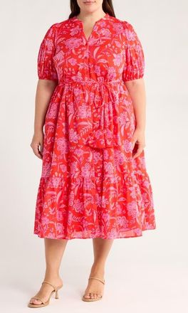 Sugarlips Aria Floral Beth Tiered Cotton Midi Dress in Red/Pink at Nordstrom, Size 2 X