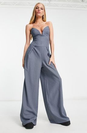 Asos Houndstooth Wide Leg Strapless Jumpsuit in Multi at Nordstrom, Size 16
