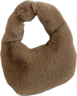 Generic Womens Plush Bags Women Warm Plush Furry Coin Purses Half Moon Bag Wrist Bags(Dark khaki)