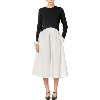 English Factory Twofer Long Sleeve Mixed Media Midi Dress in Black/White at Nordstrom Rack, Size Large