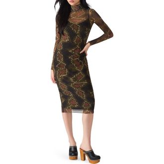 Steve Madden Vivienne Snake Print Long Sleeve Turtleneck Mesh Midi Dress in Fossil Brown at Nordstrom Rack, Size X-Large