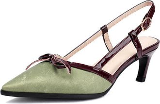 Generic Womens Pointed Toe Slingback Heels Two-Tone Fabric with Patent Trim Bow Accent Adjustable Buckle Strap Kitten Heel Dress Shoes Lightweight Soft Insole