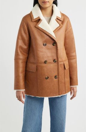 Bernardo Double Breasted Faux Shearling Coat in Cognac/white at Nordstrom, Size Xx-Large