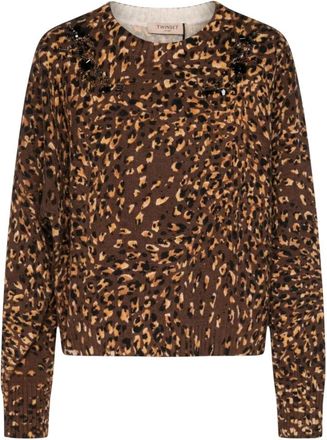 Twinset Trui met print Decoratie Ronde hals Geribbelde boorden - Dames - Ronde hals truien - Bruin - L - Truien & Vesten