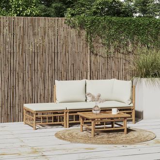 vidaXL Vidaxl - Set De Muebles De Jard&iacute;n 3 Piezas Bamb&uacute; Y Cojines Blanco Crema