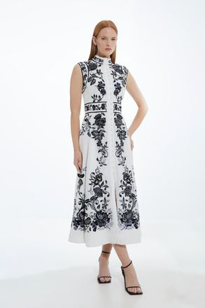 Karen Millen Cotton Embroidery Woven Button Up Midi Dress