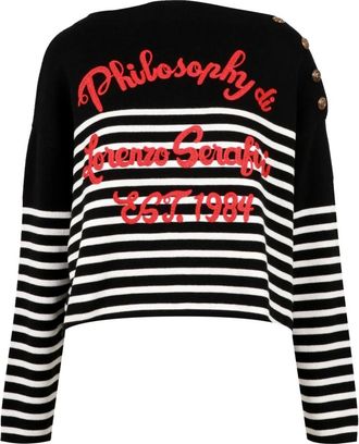 Philosophy di Lorenzo Serafini Gestreept Gebreid Bardot Trui - Dames - Ronde hals truien - Zwart - XS - Katoen - Truien & Vesten