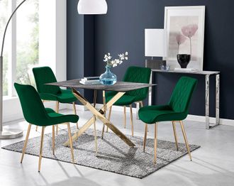 Furniturebox Leonardo Grey Glass Marble Effect Gold Leg Table & 4 Pesaro Gold Leg Chairs in Green