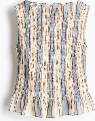 H&M Gesmoktes Viskosetop - Hellbeige/Blau Gestreift