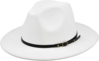 Generic Classic Wool Fedora Hat with Belt Buckle Felt Wide Brim Panama Hat Vintage Jazz Hat for Men and Women White